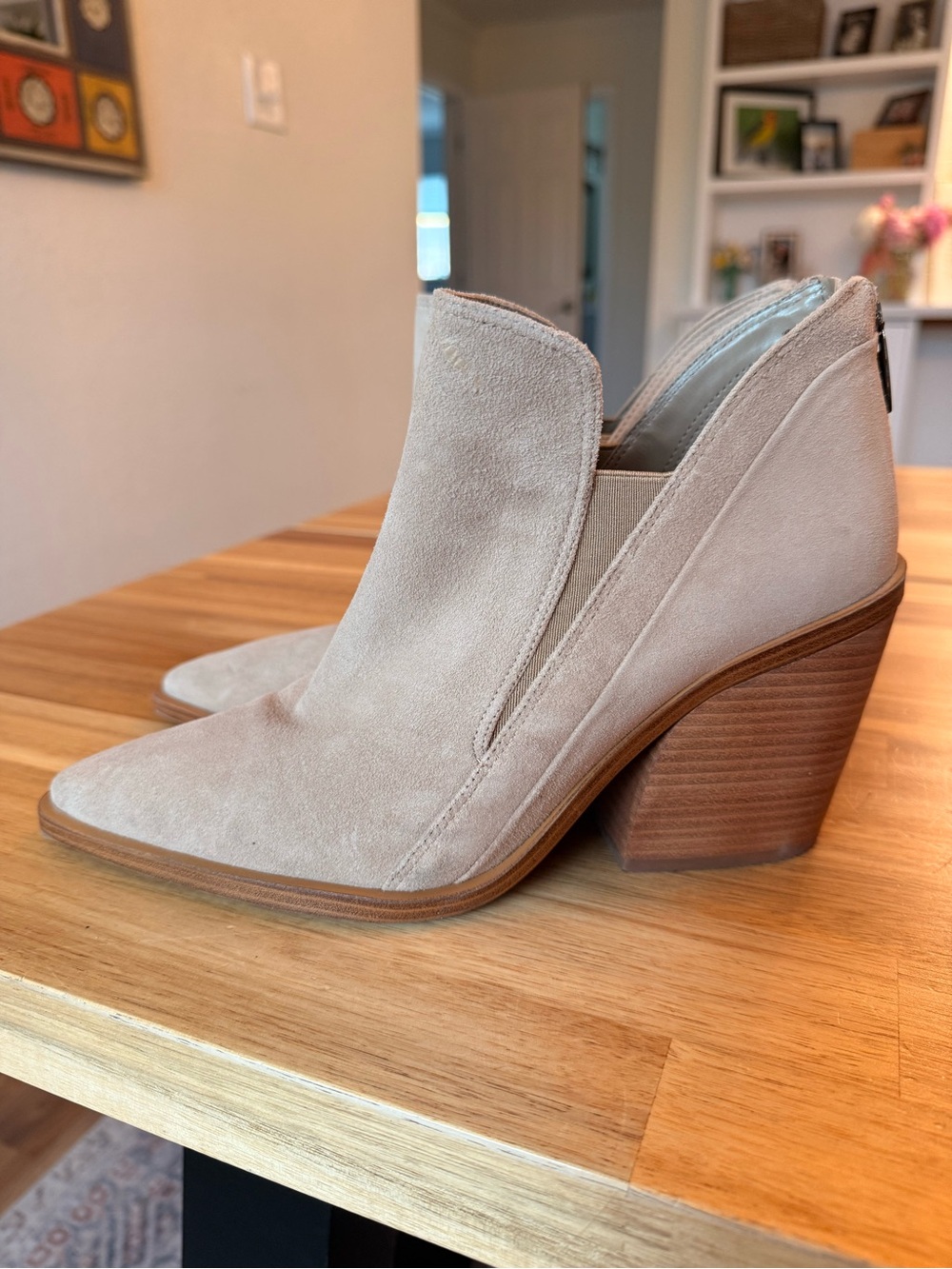Vince Camuto Suede Pointed toe ankle boots, block heel, size 9.